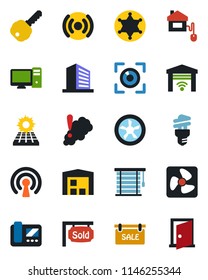Color and black flat icon set - office building vector, sun panel, warehouse, sale, sold signboard, key, home control, fan, wireless, intercome, pc, smoke detector, energy saving bulb, jalousie