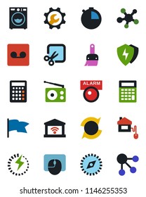 Color and black flat icon set - mouse vector, radio, share, protect, themes, stopwatch, record, cut, compass, charge, root setup, update, washer, home control, garage gate, alarm led, flag