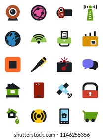 Color and black flat icon set - antenna vector, bomb in case, pen, printer, house, satellite, video camera, network, stop button, phone back, message, lock, mail, wireless, home control, web, app