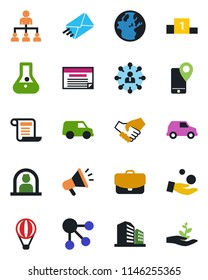 Color and black flat icon set - reception vector, hierarchy, mobile tracking, handshake, earth, investment, flask, case, car, schedule, social media, mail, advertising, pedestal, contract