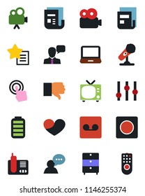 Color and black flat icon set - tv vector, archive chest, microphone, news, settings, video camera, touch screen, speaker, laptop pc, radio phone, finger down, favorites list, heart, battery, record