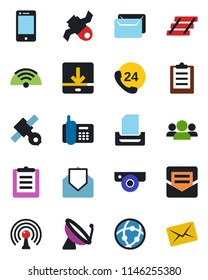 Color and black flat icon set - satellite antenna vector, office phone, 24 hours, clipboard, cell, mail, network, download, paper tray, wireless, web camera, group