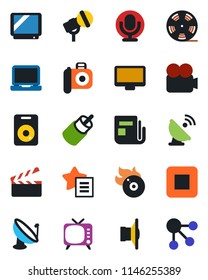 Color and black flat icon set - satellite antenna vector, clapboard, reel, flame disk, camera, microphone, news, speaker, tv, video, monitor, laptop pc, favorites list, stop button, rca