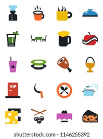 Color and black flat icon set - spoon and fork vector, sickle, diet, coffee, cook, restaurant table, reception, phyto bar, beer, plates, egg stand, cafe, vip zone, ham, steaming pan, sushi, cheese