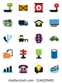 Color and black flat icon set - route vector, signpost, cash, traffic light, 24 hours, mobile tracking, truck trailer, car delivery, sea port, container, folder document, fragile, warehouse storage