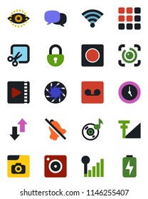 Color and black flat icon set - menu vector, message, mobile camera, clock, record, data exchange, wireless, mute, cut, lock, eye id, music, video, photo gallery, cellular signal, charge