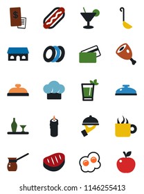 Color and black flat icon set - alcohol vector, cook hat, reception, cocktail, phyto bar, coffee, plates, waiter, cafe building, candle, credit card, restaurant receipt, steak, ham, hot dog, ladle