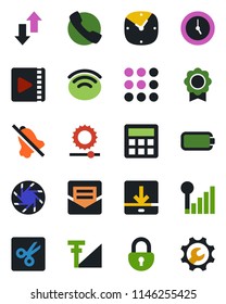 Color and black flat icon set - call vector, menu, mobile camera, calculator, clock, mail, data exchange, download, wireless, mute, brightness, cut, lock, video, cellular signal, battery, root setup
