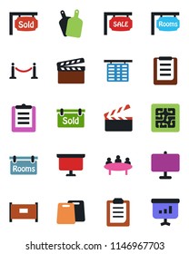 Color and black flat icon set - fence vector, flight table, presentation board, meeting, clipboard, clapboard, sale, rooms, sold signboard, cutting, chip