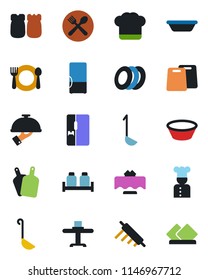 Color and black flat icon set - fridge vector, cook, restaurant table, cafe, hat, plates, waiter, salt and pepper, ladle, bowl, rolling pin, cutting board, serviette