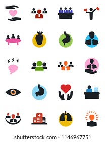 Color and black flat icon set - dispatcher vector, team, brainstorm, meeting, heart hand, stomach, lungs, real, eye, hospital, client, company, manager desk, group, shining head