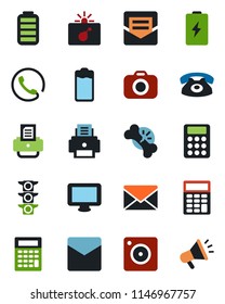 Color and black flat icon set - bomb in case vector, mail, printer, broken bone, traffic light, camera, monitor, battery, mobile, calculator, phone, advertising