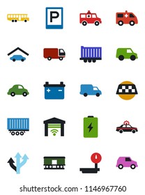 Color and black flat icon set - taxi vector, airport bus, parking, alarm car, ambulance, route, truck trailer, delivery, heavy scales, railroad, garage, gate control, battery
