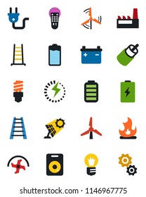 Color and black flat icon set - bulb vector, ripper, ladder, fire, remote control, speaker, battery, rca, charge, windmill, factory, power plug, energy saving, sun panel, gear