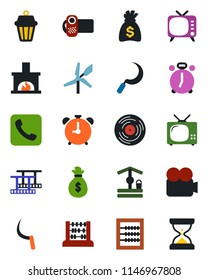 Color and black flat icon set - alarm clock vector, abacus, money bag, well, sickle, film frame, vinyl, tv, video camera, call, fireplace, outdoor lamp, windmill, sand