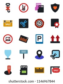 Color and black flat icon set - parking vector, no mobile, laptop, stamp, plant label, heart shield, pin, fragile, up side sign, hook, barcode, sd, cut, sertificate, sale