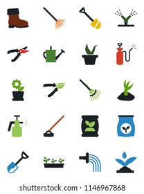Color and black flat icon set - job vector, shovel, rake, seedling, watering can, sproute, pruner, boot, hoe, garden sprayer, fertilizer, flower in pot, irrigation