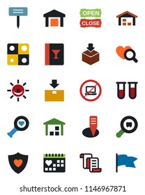 Color and black flat icon set - no laptop vector, contract, plant label, blood test vial, heart diagnostic, shield, medical calendar, warehouse, package, search cargo, application, wine card, flag