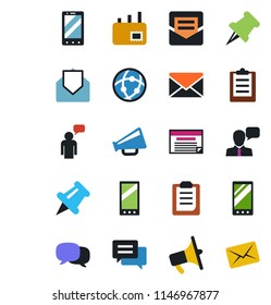 Color and black flat icon set - mobile phone vector, speaking man, mail, loudspeaker, speaker, paper pin, message, network, clipboard, schedule