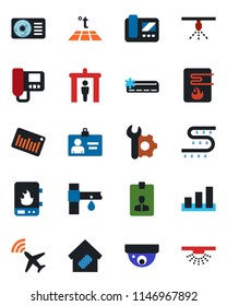 Color and black flat icon set - plane radar vector, security gate, identity card, drip irrigation, sorting, barcode, root setup, air conditioner, smart home, water heater, intercome, warm floor