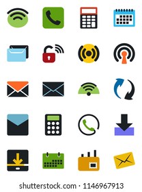 Color and black flat icon set - mail vector, call, update, download, wireless, calendar, calculator, phone, lock