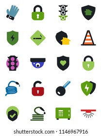 Color and black flat icon set - smoking place vector, border cone, safe, lock, glove, hose, heart shield, traffic light, protect, key, home, surveillance, sprinkler