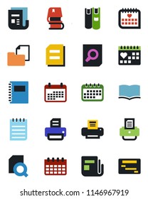 Color and black flat icon set - book vector, document search, notepad, calendar, printer, medical, folder, news, copybook, schedule