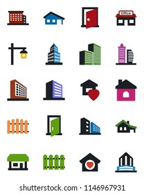 Color and black flat icon set - office building vector, fence, house, garden light, store, with garage, sweet home, door