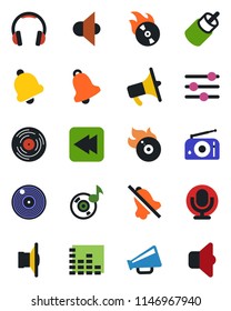 Color and black flat icon set - vinyl vector, flame disk, radio, speaker, loudspeaker, equalizer, microphone, headphones, rewind, rca, tuning, bell, mute, music, sound