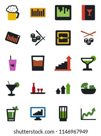 Color and black flat icon set - growth statistic vector, barcode, scanner, monitor statistics, alcohol, wine card, drink, cocktail, phyto bar, beer, salad, sushi, arrow up graph