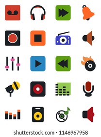 Color and black flat icon set - flame disk vector, microphone, radio, speaker, equalizer, headphones, play button, stop, fast forward, rewind, rec, tuning, bell, record, music, sound