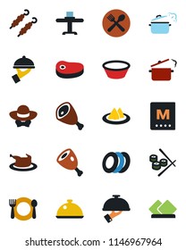 Color and black flat icon set - dish vector, restaurant table, serviette, cafe, menu, plates, waiter, dress code, chicken, steak, kebab, ham, bowl, steaming pan, sushi