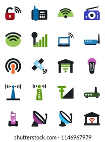 Color and black flat icon set - antenna vector, satellite, wireless notebook, office phone, radio, remote control, cellular signal, lock, router, garage gate
