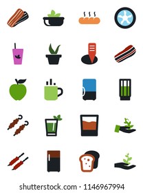 Color and black flat icon set - hot cup vector, seedling, plant label, drink, phyto bar, salad, bacon, bread, kebab, apple fruit, fan, fridge, palm sproute