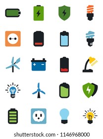 Color and black flat icon set - bulb vector, battery, low, protect, desk lamp, socket, energy saving, windmill, idea