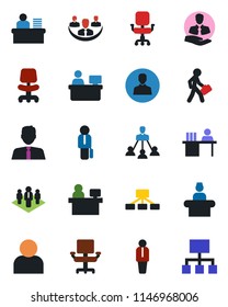 Color and black flat icon set - reception vector, manager, office chair, place, client, user, company, desk, hierarchy, estate agent
