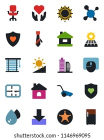 Color and black flat icon set - sun vector, mouse, lawn mower, house, molecule, heart shield, hand, download, brightness, office chair, tie, panel, plan, building, water, jalousie, police, fridge