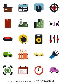 Color and black flat icon set - airport bus vector, cafe, mouse, sun, fireplace, term, settings, speaker, phone back, torch, eye id, office building, target, cushioned furniture, heater, clock, car