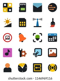 Color And Black Flat Icon Set - No Laptop Vector, Antenna, Gallery, Themes, User, Clock, Bell, Mail, Scanner, Sd, Sim, Network, Calendar, Brightness, Cut, Face Id, Music, Application, Root Setup