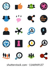 Color and black flat icon set - female vector, team, brainstorm, network, share, group, finger up, user, company, client search, consumer, social media