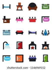 Color and black flat icon set - bed vector, shower, checkroom, meeting, fireplace, rent, rooms, bedroom, cushioned furniture, door