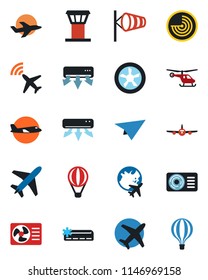 Color and black flat icon set - plane vector, airport tower, radar, wind, helicopter, globe, air conditioner, fan, paper, balloon