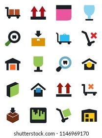 Color and black flat icon set - baggage trolley vector, fragile, cargo, warehouse storage, up side sign, no, package, search, scanner, blank box