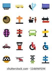 Color and black flat icon set - airport tower vector, taxi, bus, passport control, signpost, alarm car, radar, helicopter, disabled, route, traffic light, truck trailer, guidepost