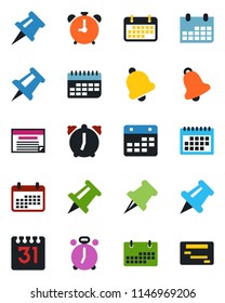 Color and black flat icon set - alarm clock vector, drawing pin, calendar, term, paper, bell, schedule