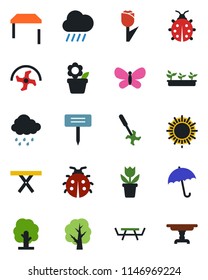 Color and black flat icon set - umbrella vector, sun, flower in pot, ripper, tree, butterfly, lady bug, seedling, rain, plant label, picnic table, tulip