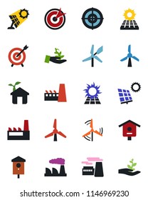 Color and black flat icon set - factory vector, bird house, target, sun panel, windmill, eco, palm sproute
