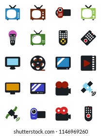 Color and black flat icon set - tv vector, reel, satellite, video camera, remote control, monitor