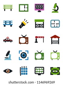 Color and black flat icon set - barrier vector, tv, alarm car, seat map, bench, monitor pulse, microscope, eye, torch, plan, alcove, scan