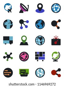 Color and black flat icon set - satellite antenna vector, bomb in case, globe, plane, earth, pin, consolidated cargo, network, share, news, social media